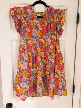 Umgee Floral Tiered Flutter-Sleeve Dress - Pink, Orange, Yellow